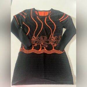 Black Orange Abstract Floral‎ Knit Long Sweater Women’s Medium